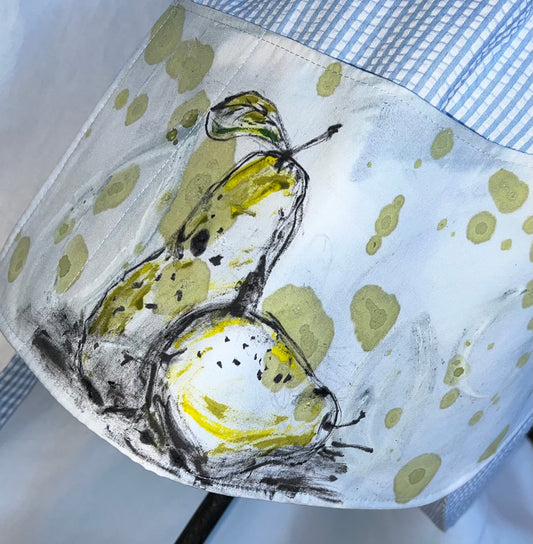 Petal Apron- Hand painted pears with blue and white seersucker.