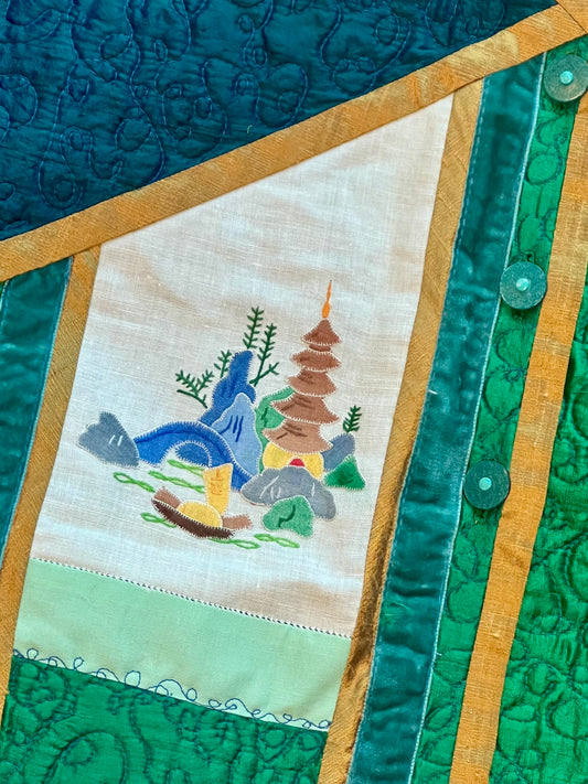 Custom one of a kind blue and green Silk quilted Jacket