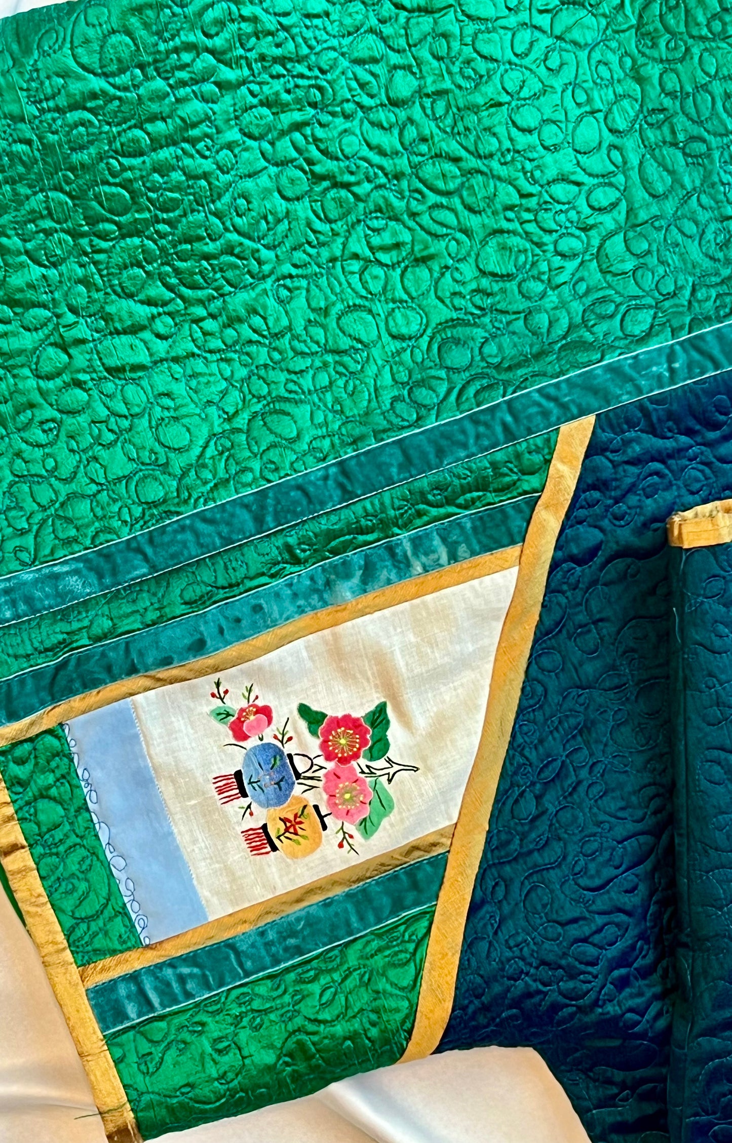 Custom one of a kind blue and green Silk quilted Jacket