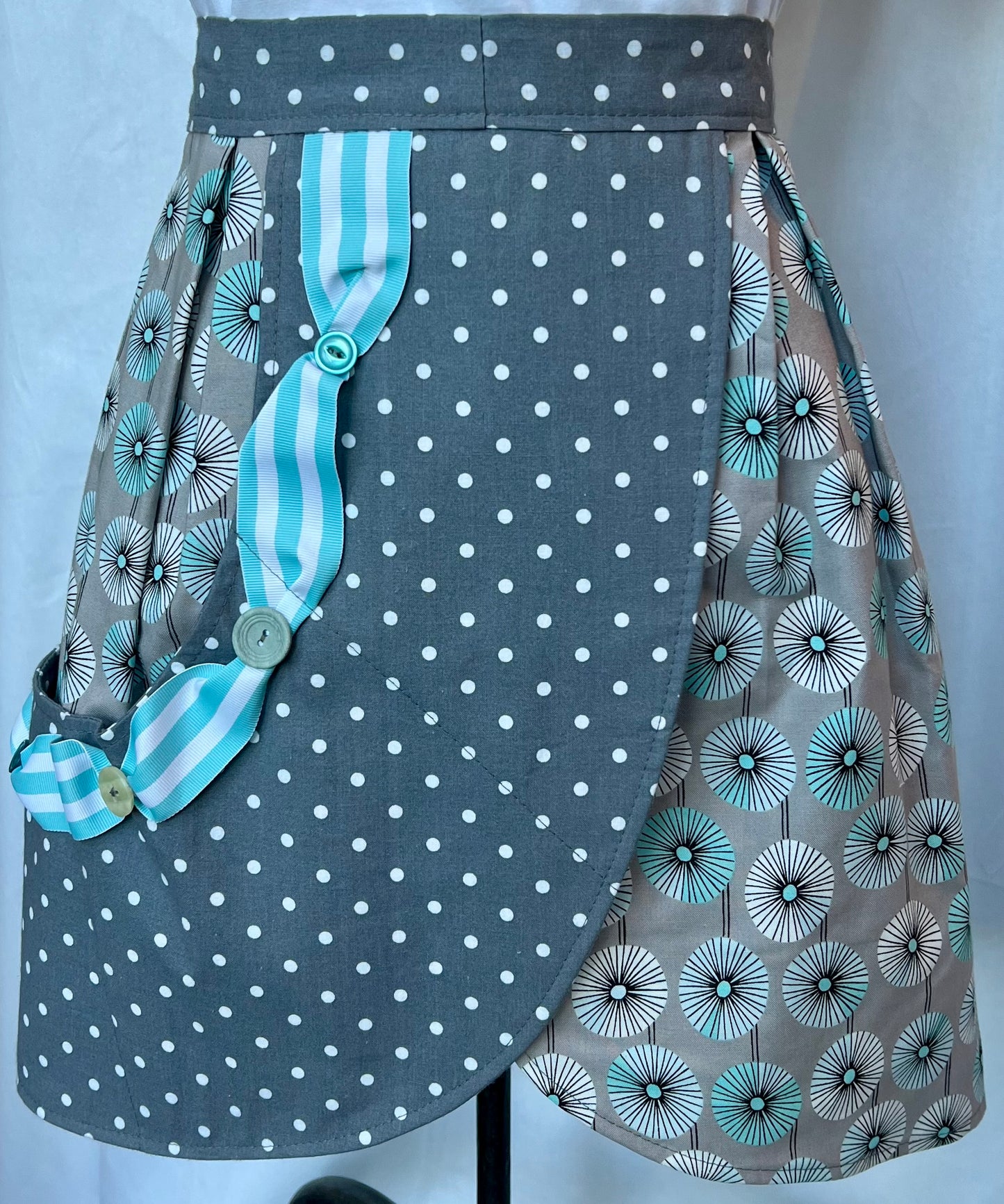Petal Apron- Fancy ,grey and teal with ribbon and buttons