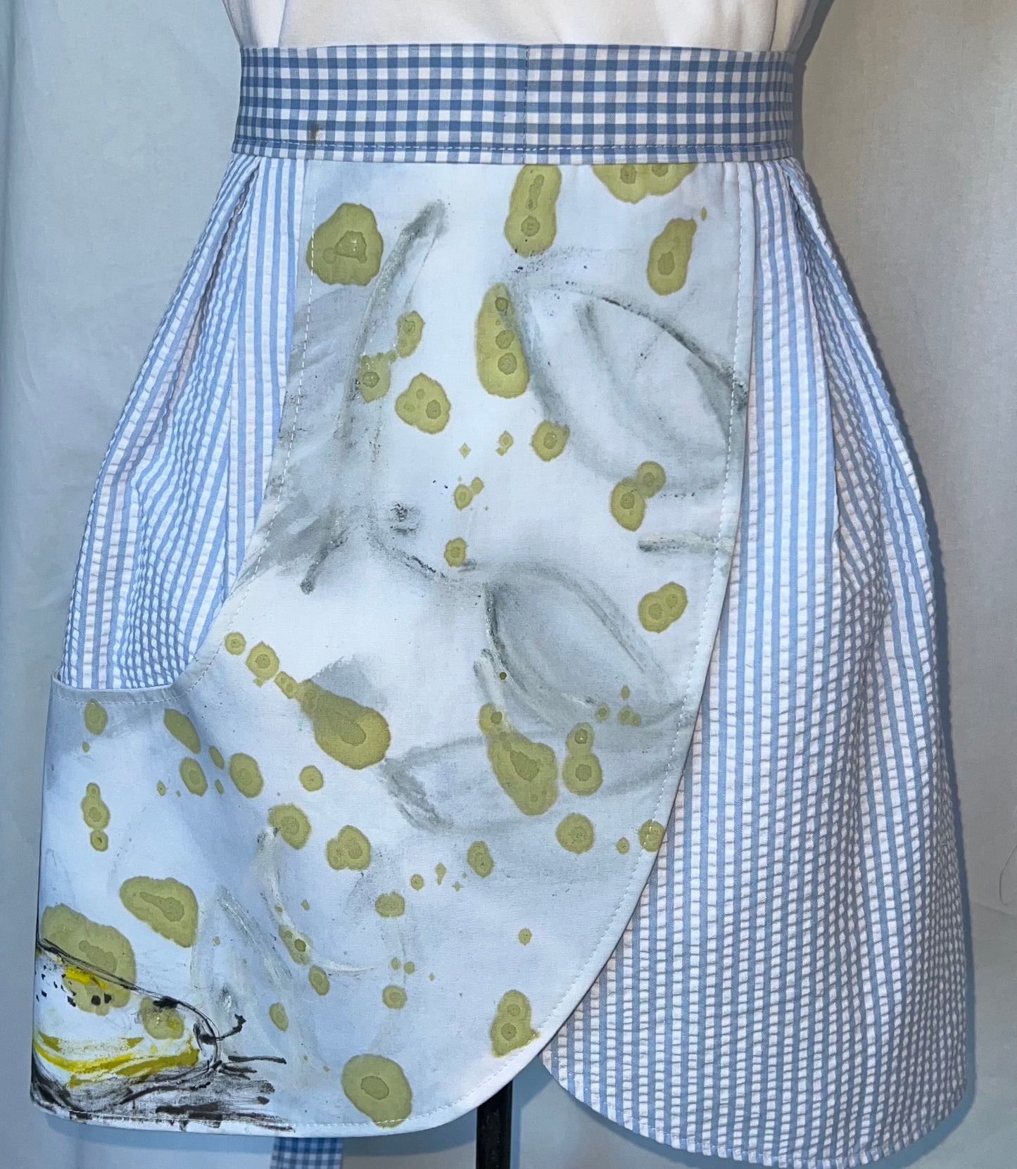 Petal Apron- Hand painted pears with blue and white seersucker.
