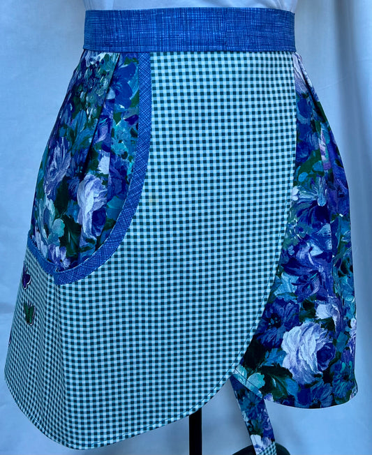 Petal Apron - blue flowers, checked pocket