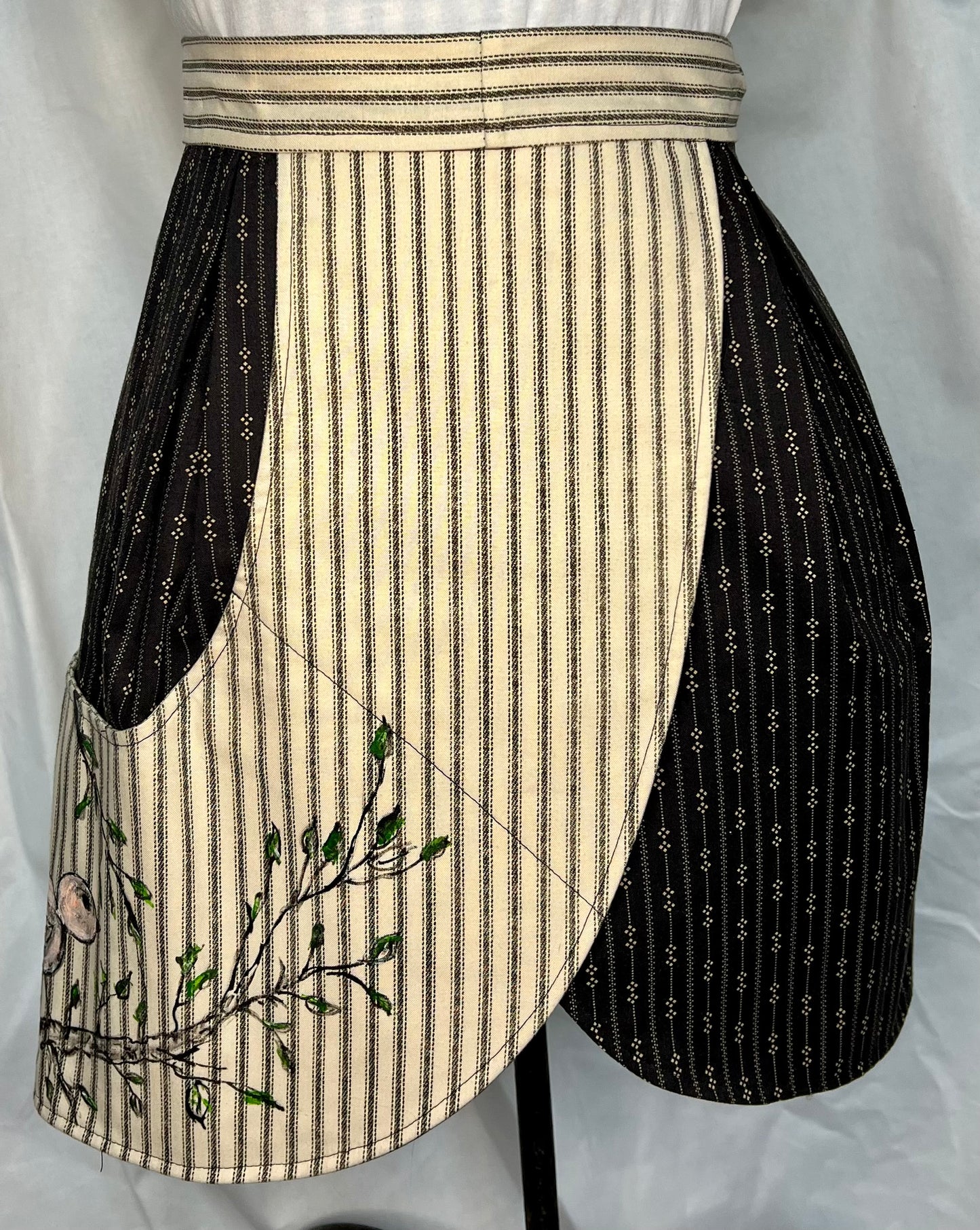 Petal Apron - Black and white ticking, hand painted bird