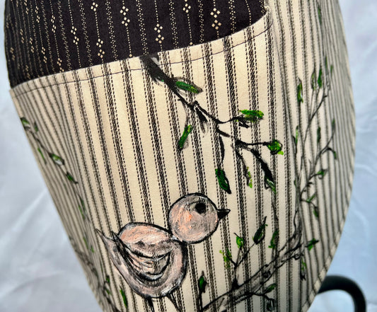 Petal Apron - Black and white ticking, hand painted bird