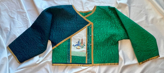 Custom one of a kind blue and green Silk quilted Jacket