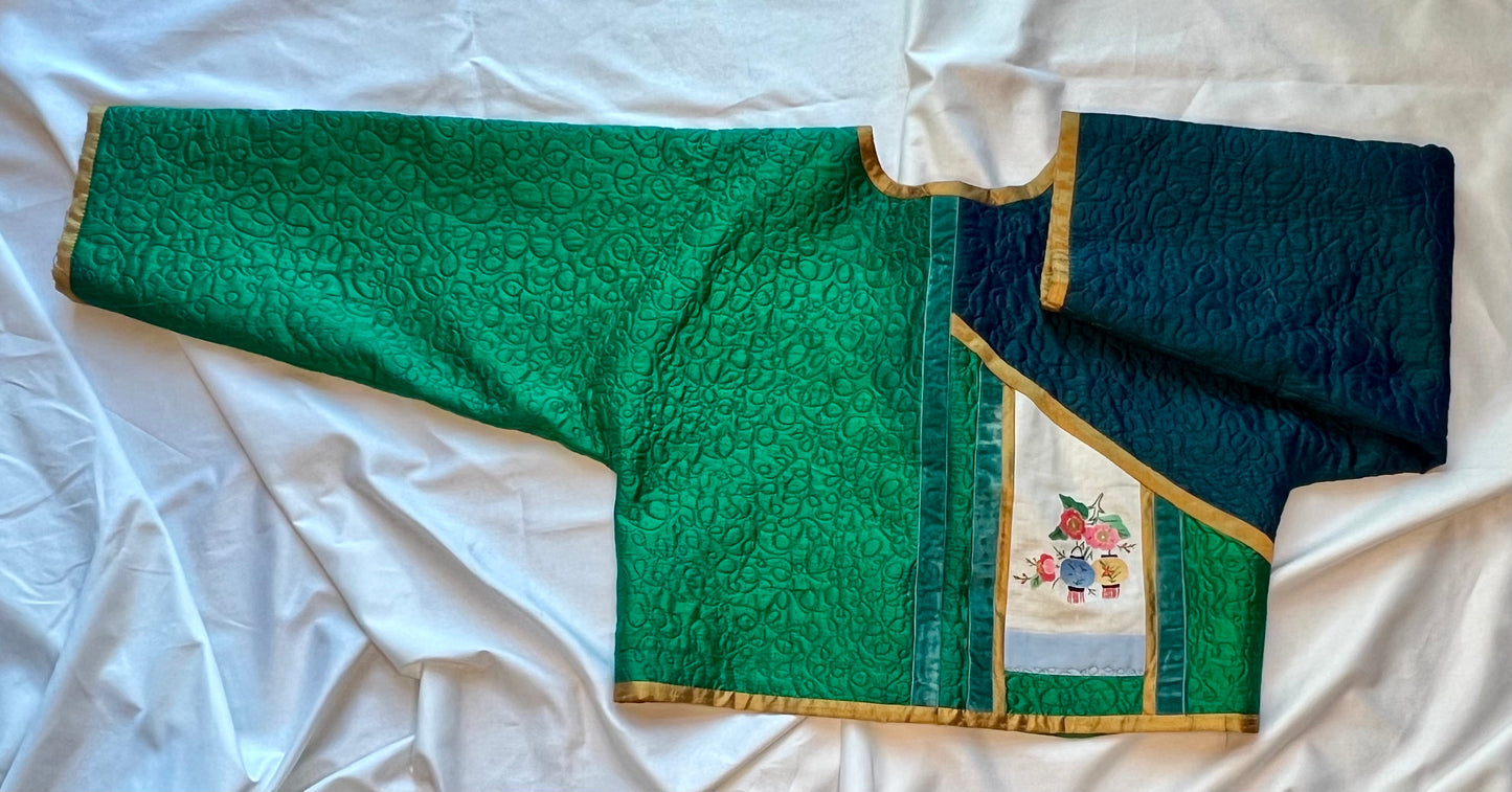 Custom one of a kind blue and green Silk quilted Jacket
